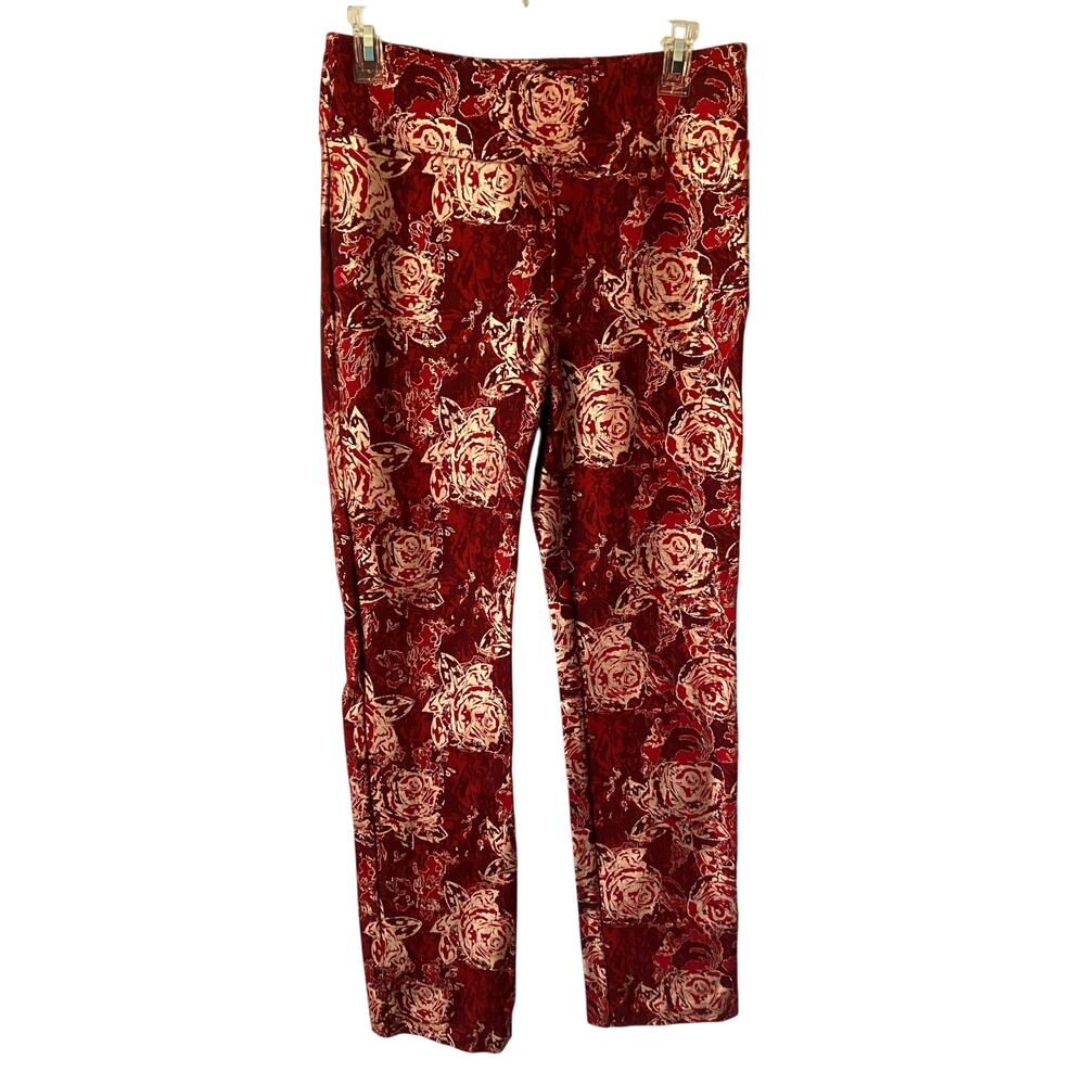 Soft Surroundings Pants Womens Red Rose Metallic Gold Spandex Stretch Size Small
